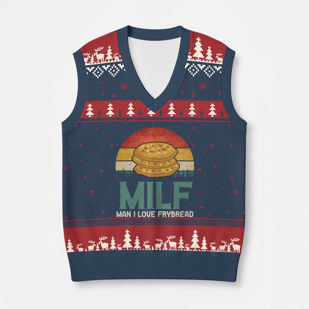 Funny MILF Man I Love Frybread V-Neck Knit Sweater Vest Vintage Retro Sunset Native American Food - Print Your Wear