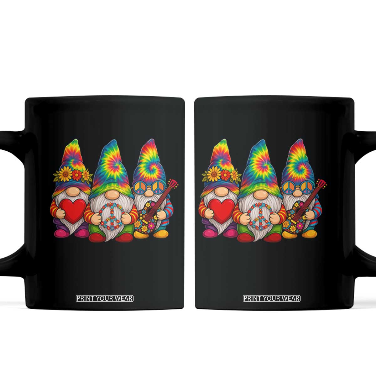 Three Hippie Gnomes Peace Retro Tie Dye Flower Coffee Mug TS11 Black Print Your Wear