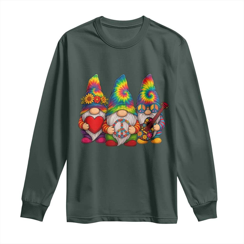 Three Hippie Gnomes Peace Retro Tie Dye Flower Long Sleeve Shirt TS11 Dark Forest Green Print Your Wear