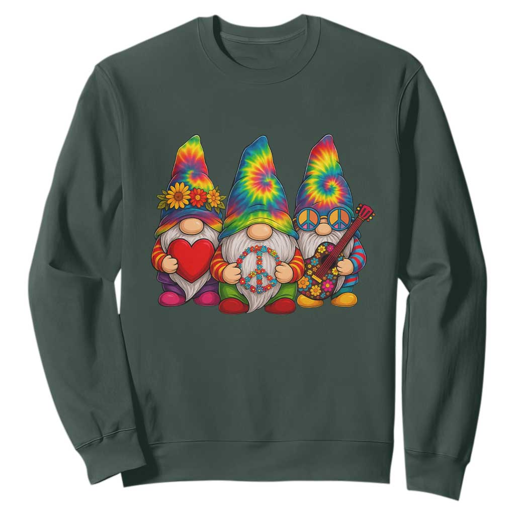 Three Hippie Gnomes Peace Retro Tie Dye Flower Sweatshirt TS11 Dark Forest Green Print Your Wear