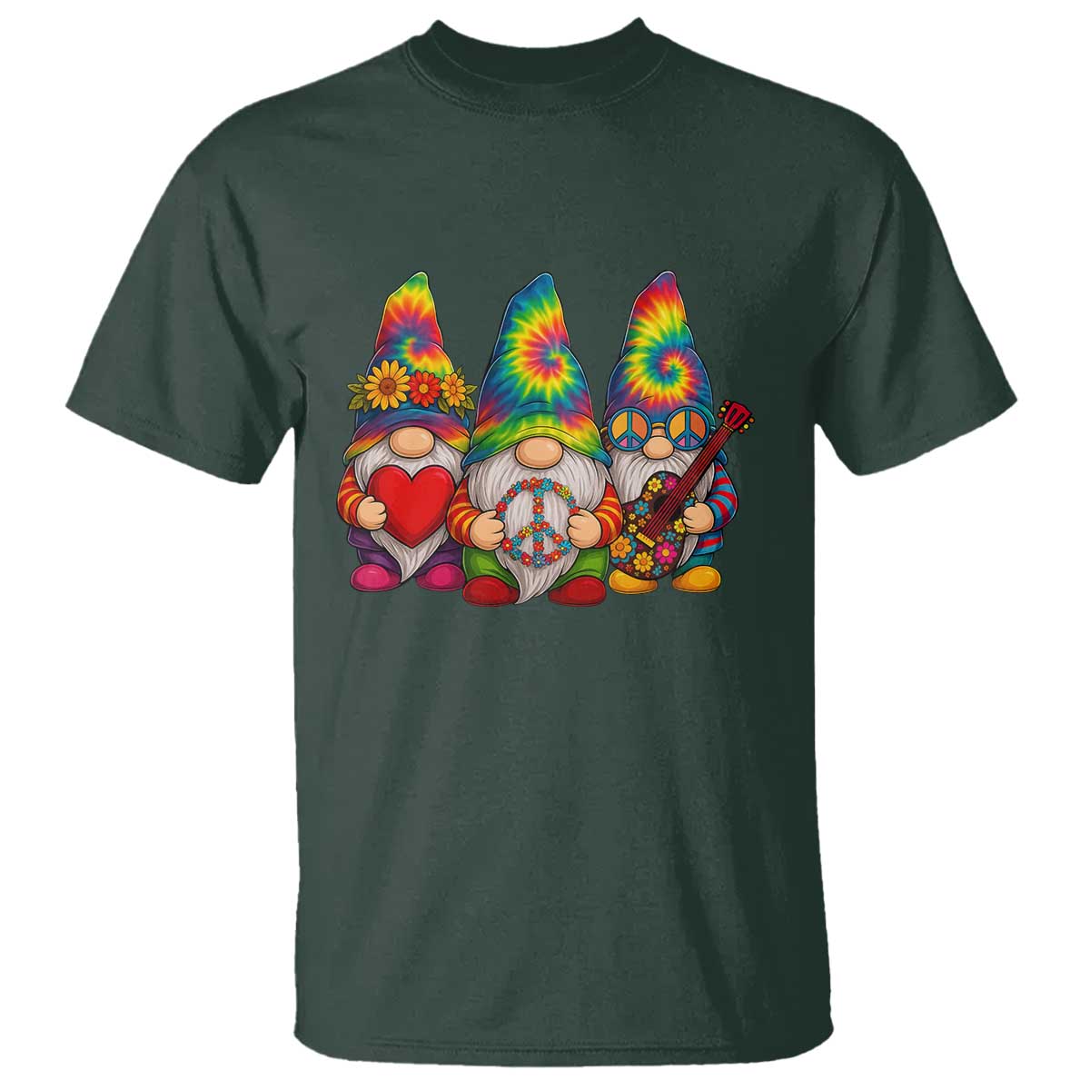 Three Hippie Gnomes Peace Retro Tie Dye Flower T Shirt TS11 Dark Forest Green Print Your Wear