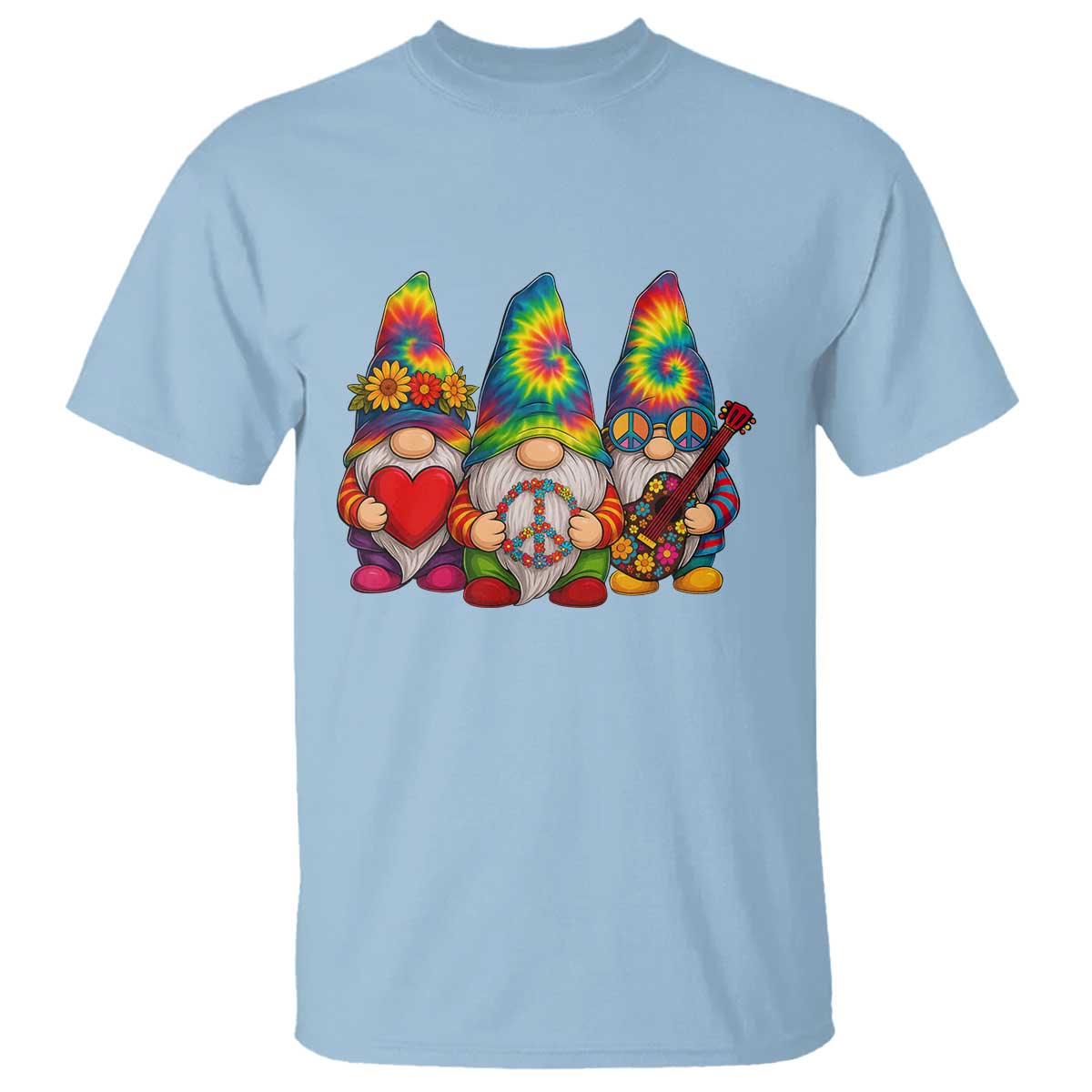 Three Hippie Gnomes Peace Retro Tie Dye Flower T Shirt TS11 Light Blue Print Your Wear