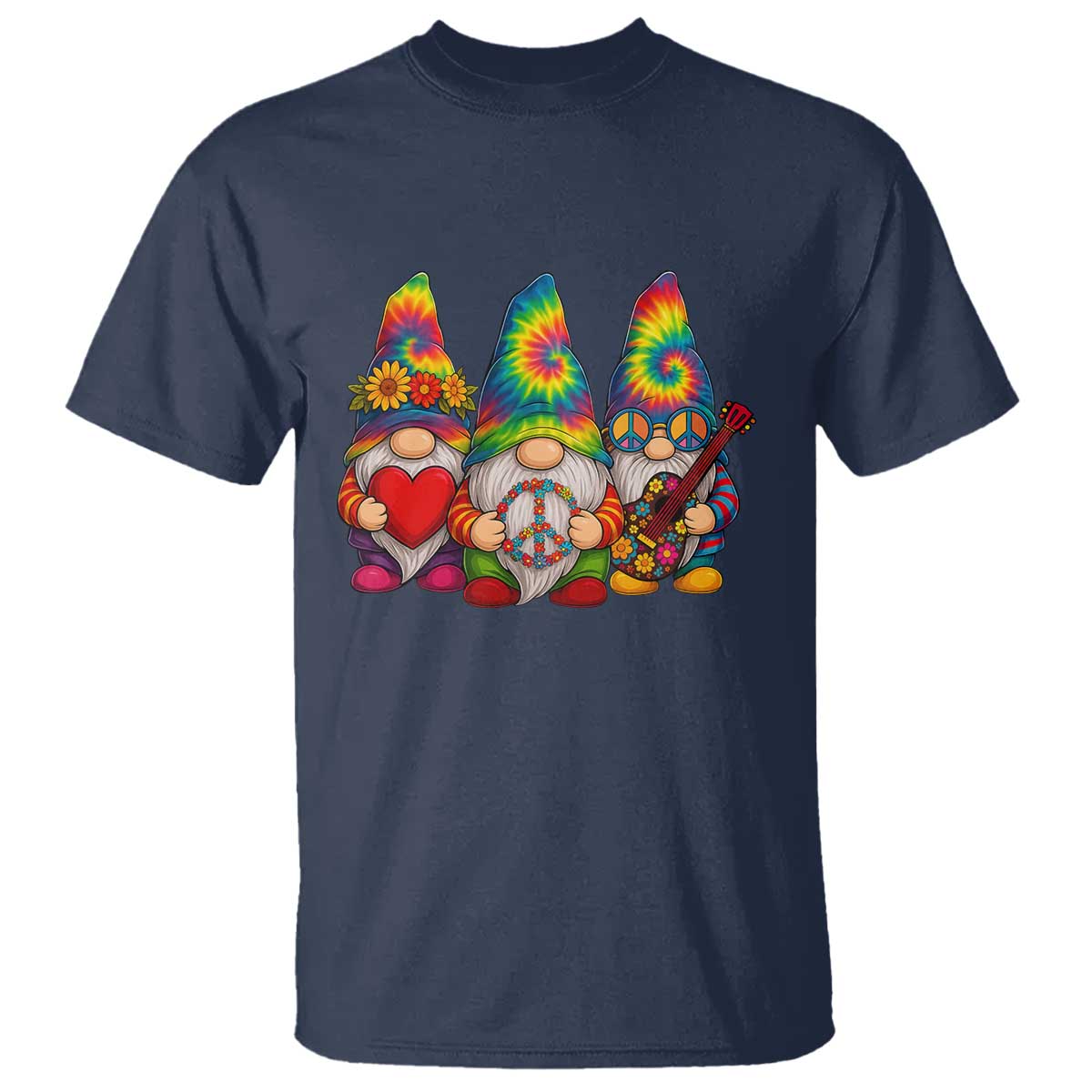 Three Hippie Gnomes Peace Retro Tie Dye Flower T Shirt TS11 Navy Print Your Wear