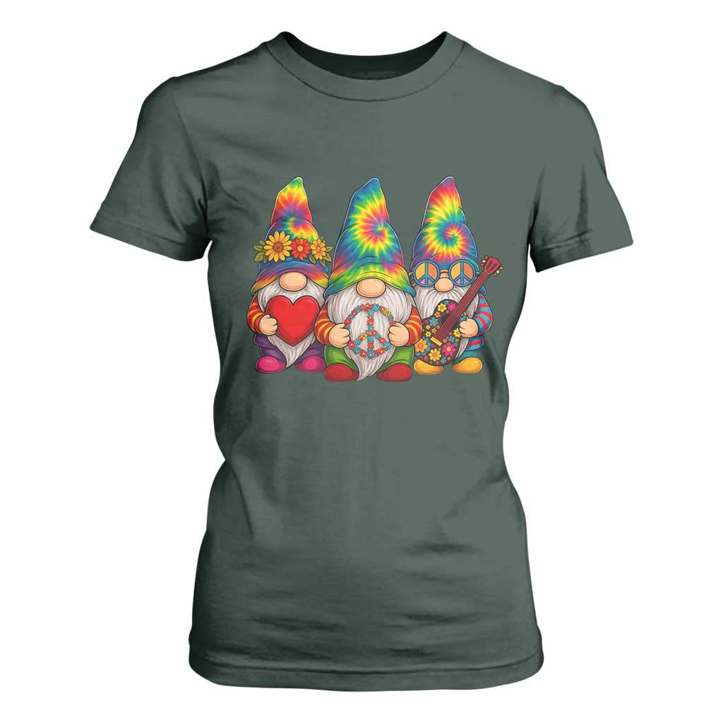 Three Hippie Gnomes Peace Retro Tie Dye Flower T Shirt For Women TS11 Dark Forest Green Print Your Wear