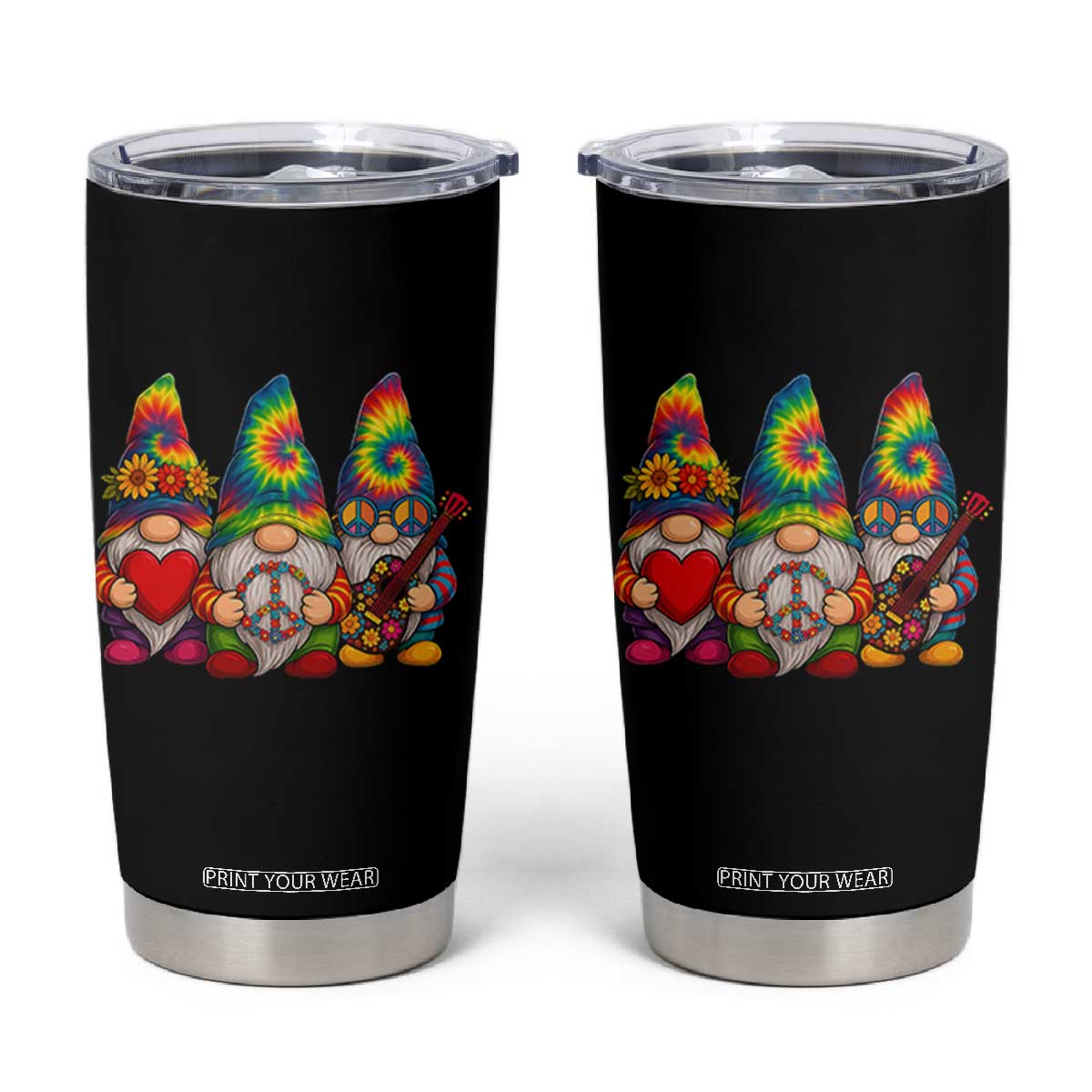 Three Hippie Gnomes Peace Retro Tie Dye Flower Tumbler Cup TS11 Black Print Your Wear