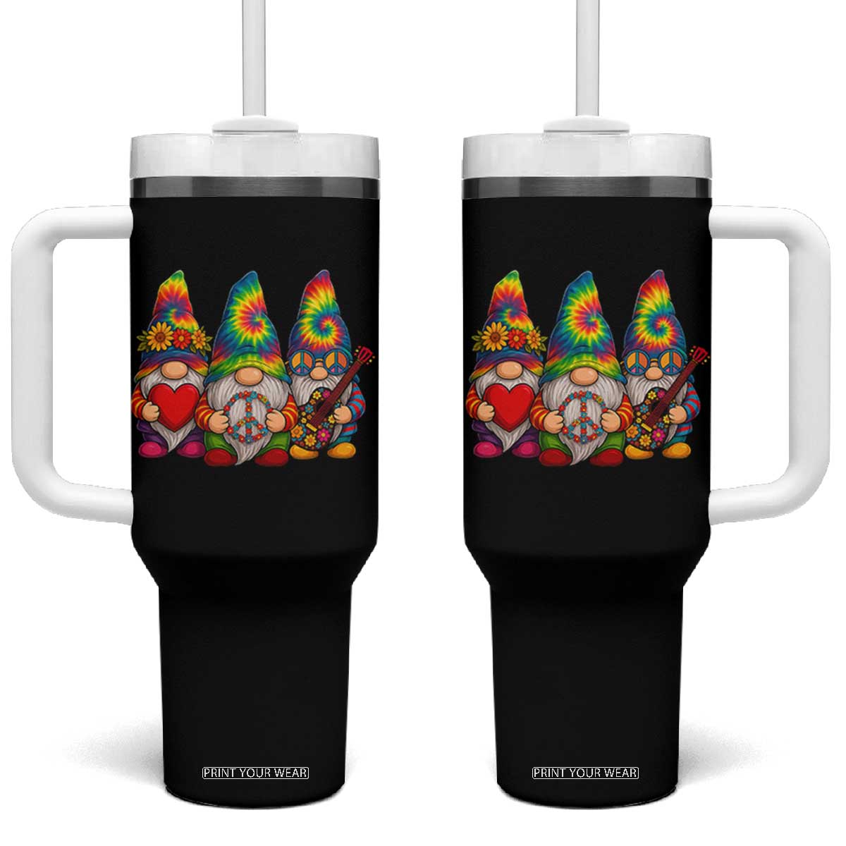 Three Hippie Gnomes Peace Retro Tie Dye Flower Tumbler With Handle TS11 One Size: 40 oz Black Print Your Wear