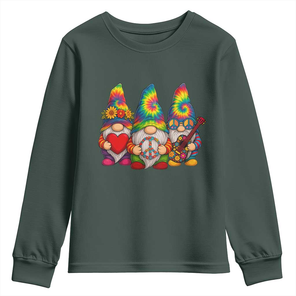 Three Hippie Gnomes Peace Retro Tie Dye Flower Youth Sweatshirt TS11 Dark Forest Green Print Your Wear