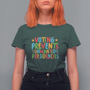 Voting Prevents Unwanted Presidencies T Shirt For Women Colorful US Presidential Election Political 2024 Star TS11 Dark Forest Green Print Your Wear