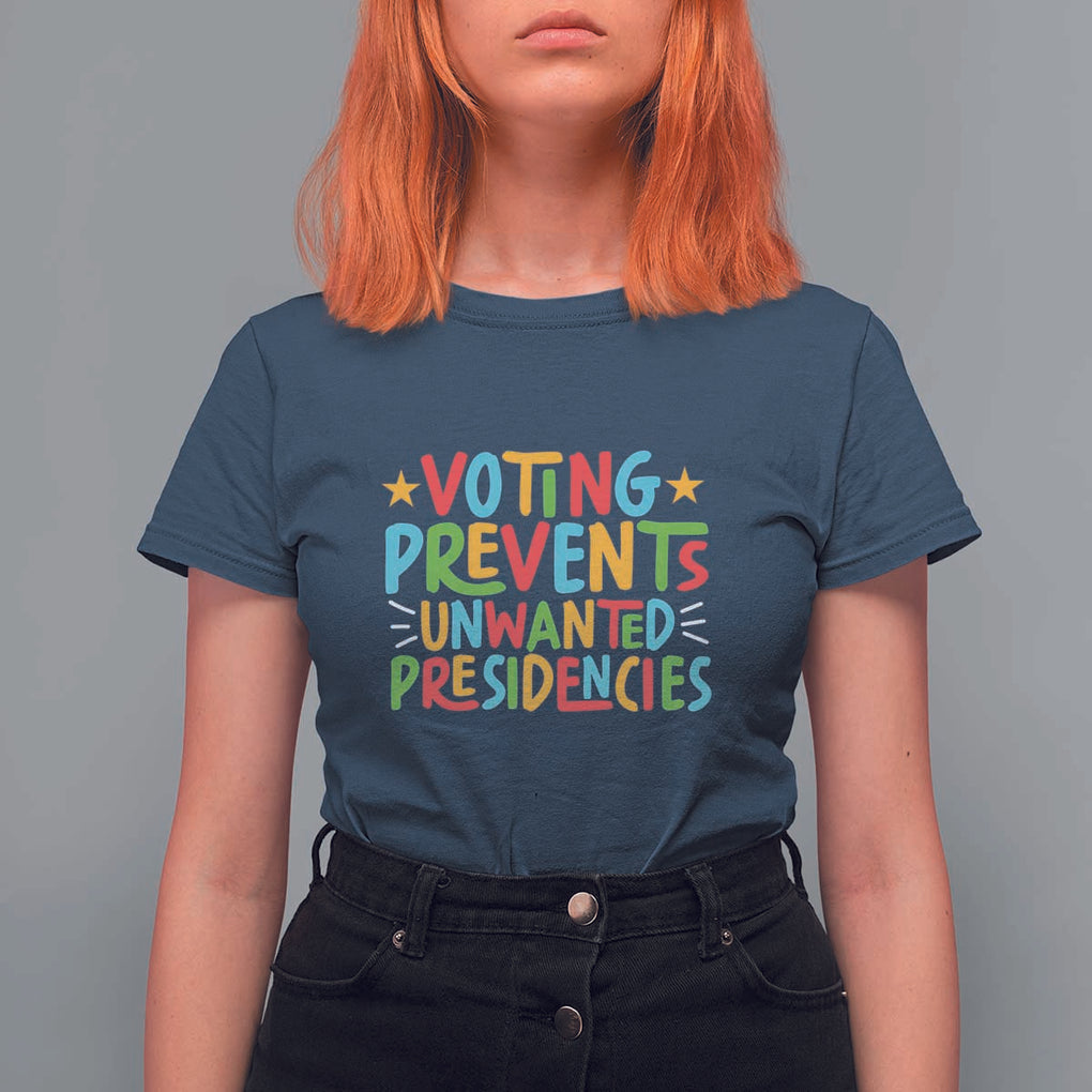 Voting Prevents Unwanted Presidencies T Shirt For Women Colorful US Presidential Election Political 2024 Star TS11 Navy Print Your Wear