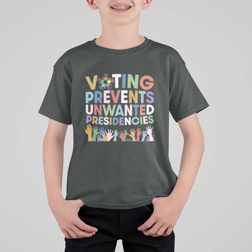 Voting Prevents Unwanted Presidencies T Shirt For Kid US Presidential Election Political 2024 Hand TS11 Dark Heather Print Your Wear
