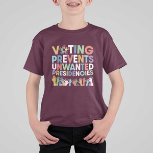 Voting Prevents Unwanted Presidencies T Shirt For Kid US Presidential Election Political 2024 Hand TS11 Maroon Print Your Wear