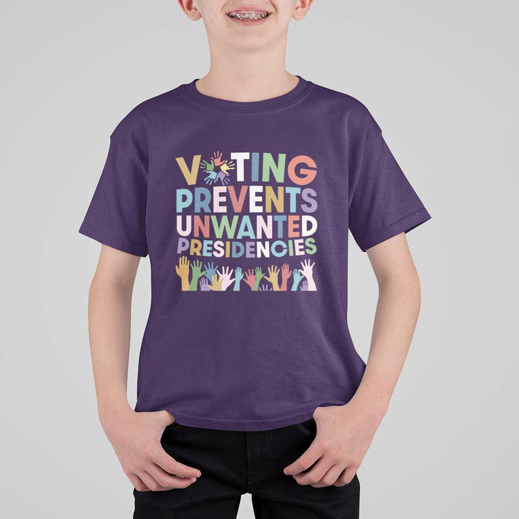 Voting Prevents Unwanted Presidencies T Shirt For Kid US Presidential Election Political 2024 Hand TS11 Purple Print Your Wear