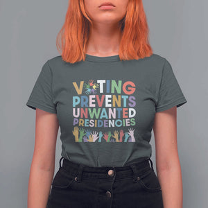 Voting Prevents Unwanted Presidencies T Shirt For Women US Presidential Election Political 2024 Hand TS11 Dark Heather Print Your Wear