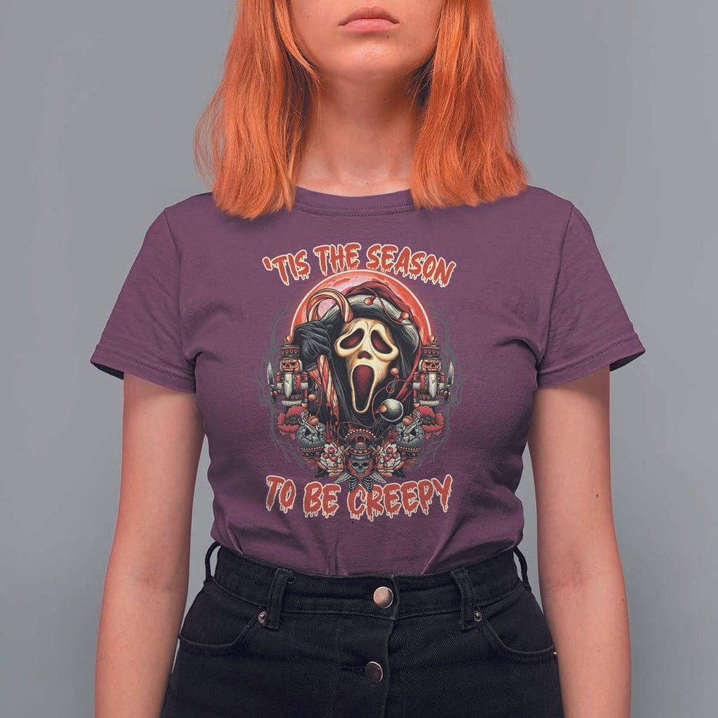 Halloween Christmas T Shirt For Women Tis The Season To Be Creepy Ghost Horror Xmas TS11 Maroon Print Your Wear