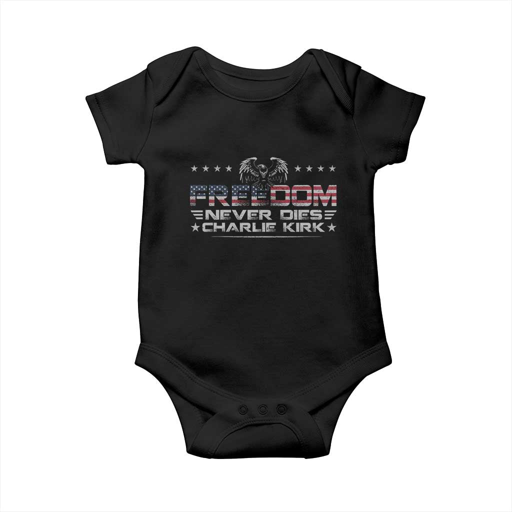 Freedom Never Dies Charlie Kirk Baby Onesie Vintage American Flag TS11 Black Print Your Wear