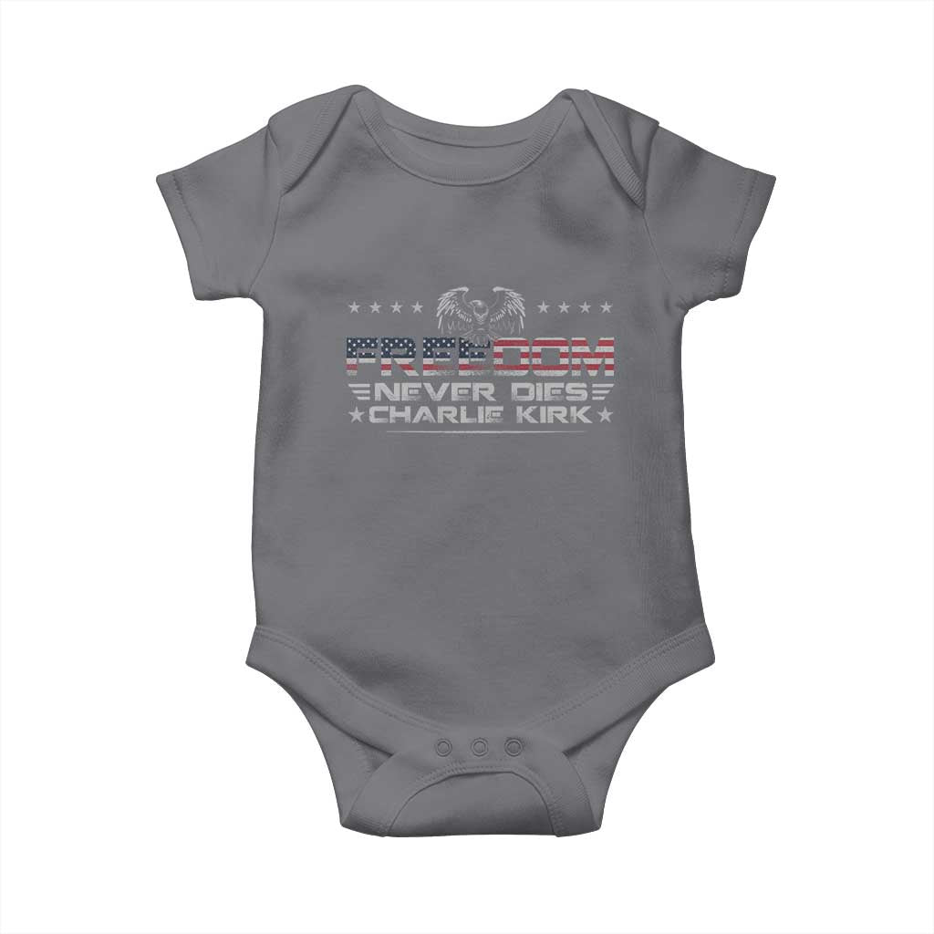 Freedom Never Dies Charlie Kirk Baby Onesie Vintage American Flag TS11 Charcoal Print Your Wear