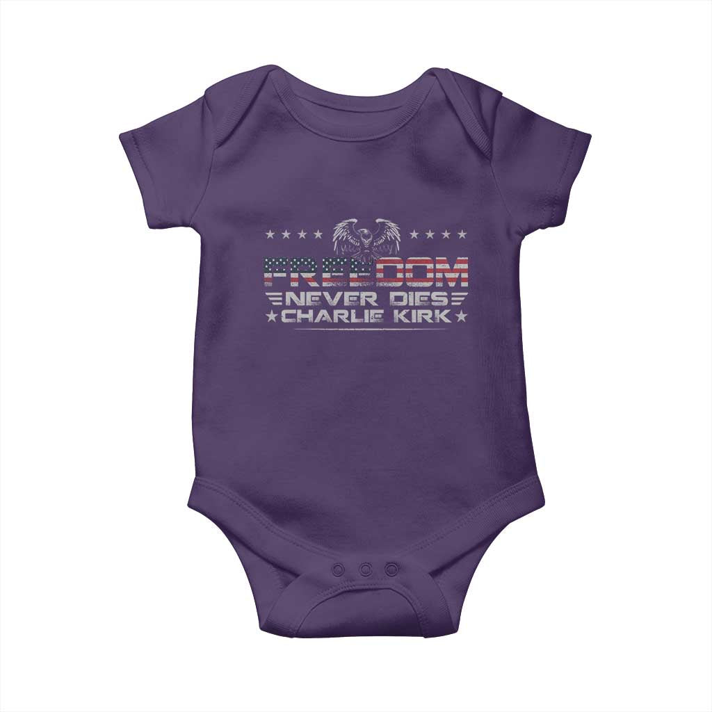 Freedom Never Dies Charlie Kirk Baby Onesie Vintage American Flag TS11 Purple Print Your Wear