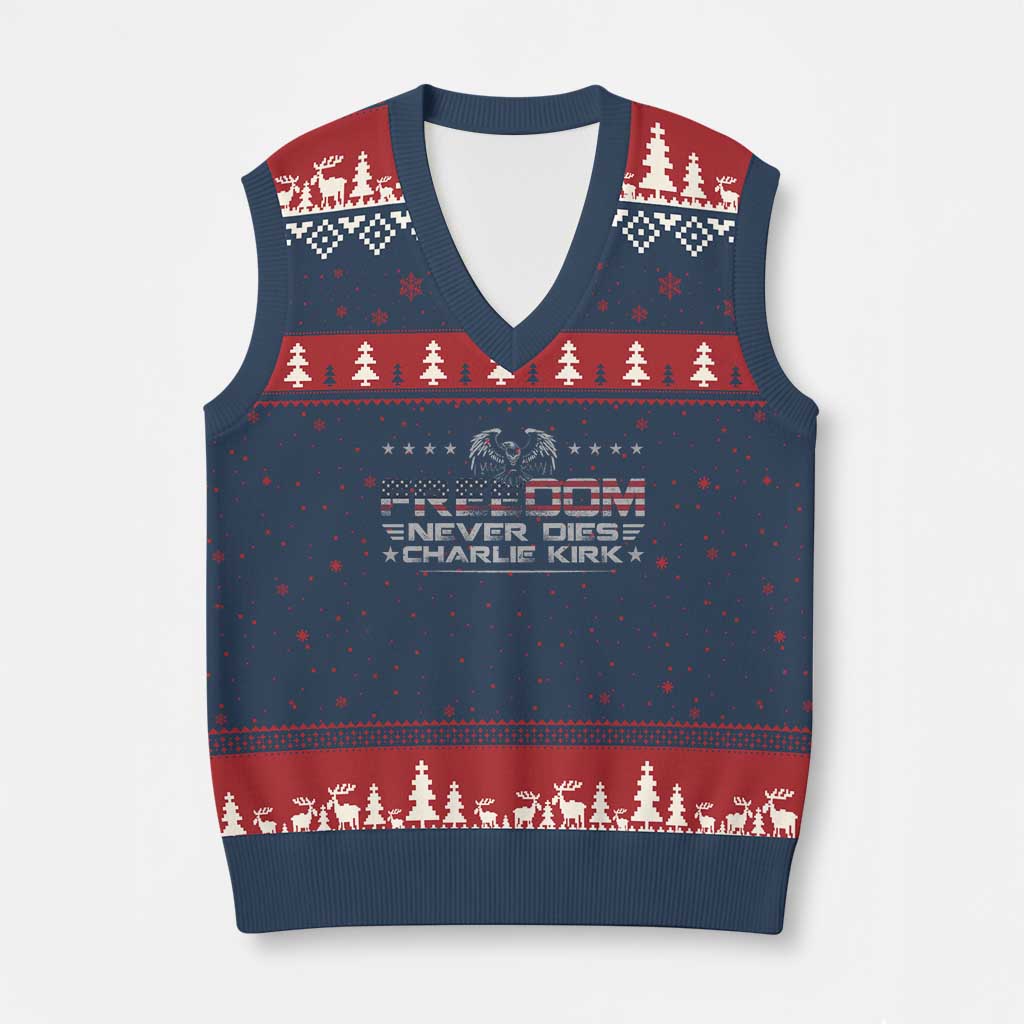 Freedom Never Dies Charlie Kirk V-Neck Knit Sweater Vest Vintage American Flag TS11 Navy Red Print Your Wear