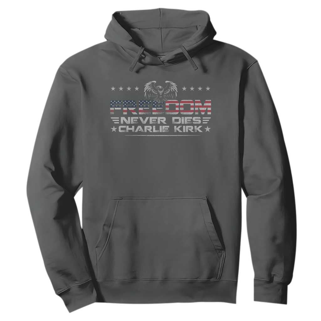 Freedom Never Dies Charlie Kirk Hoodie Vintage American Flag TS11 Dark Heather Print Your Wear
