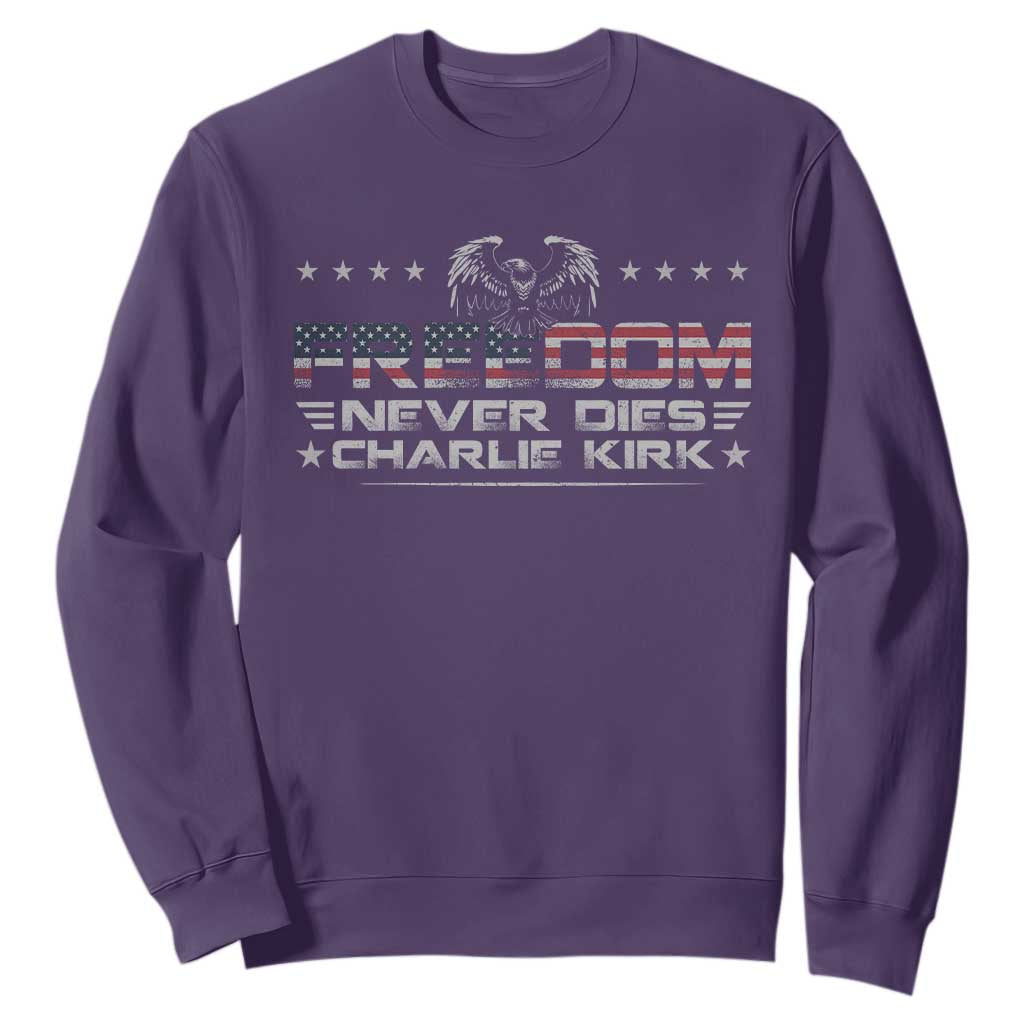 Freedom Never Dies Charlie Kirk Sweatshirt Vintage American Flag TS11 Purple Print Your Wear