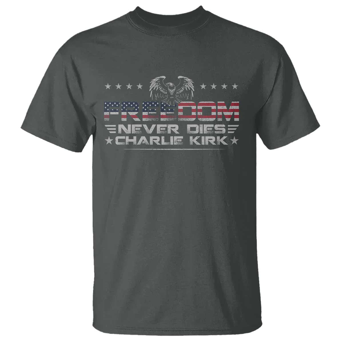 Freedom Never Dies Charlie Kirk T Shirt Vintage American Flag TS11 Dark Heather Print Your Wear