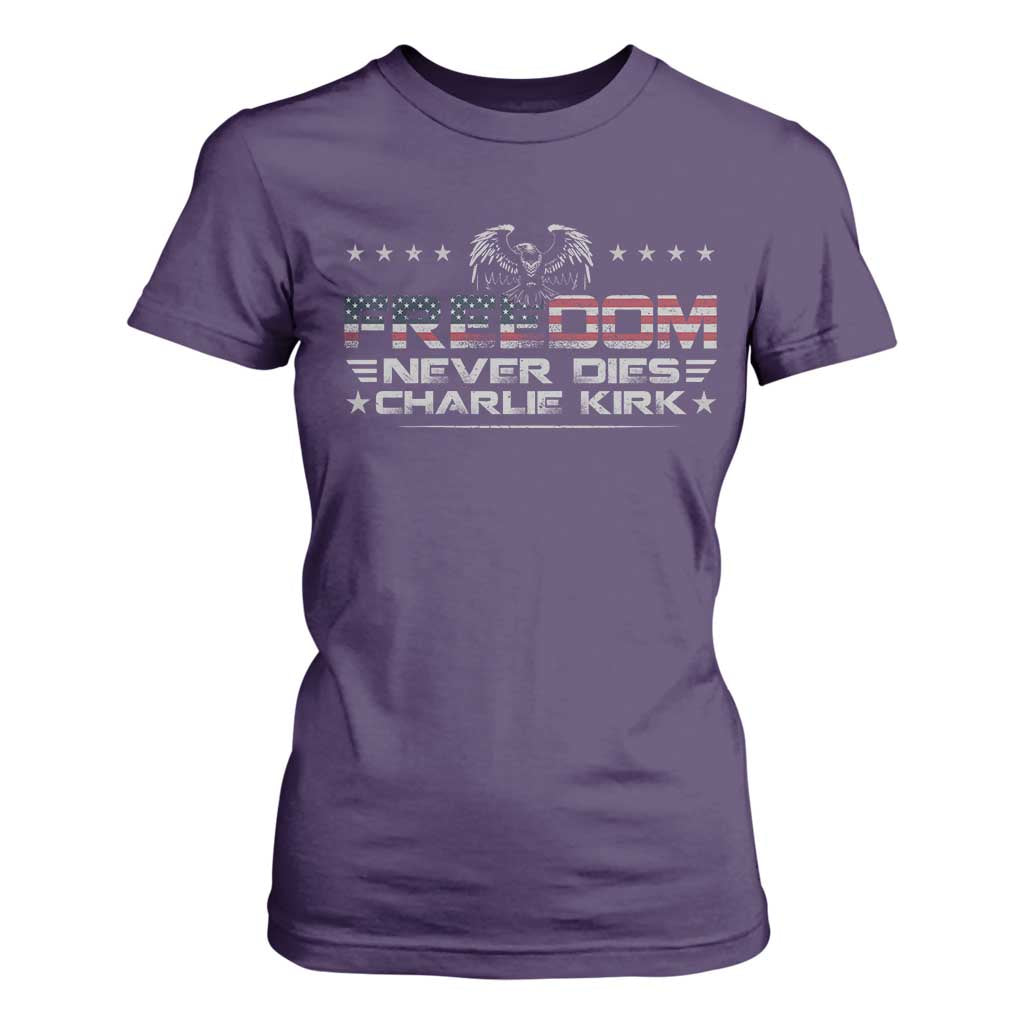 Freedom Never Dies Charlie Kirk T Shirt For Women Vintage American Flag TS11 Purple Print Your Wear