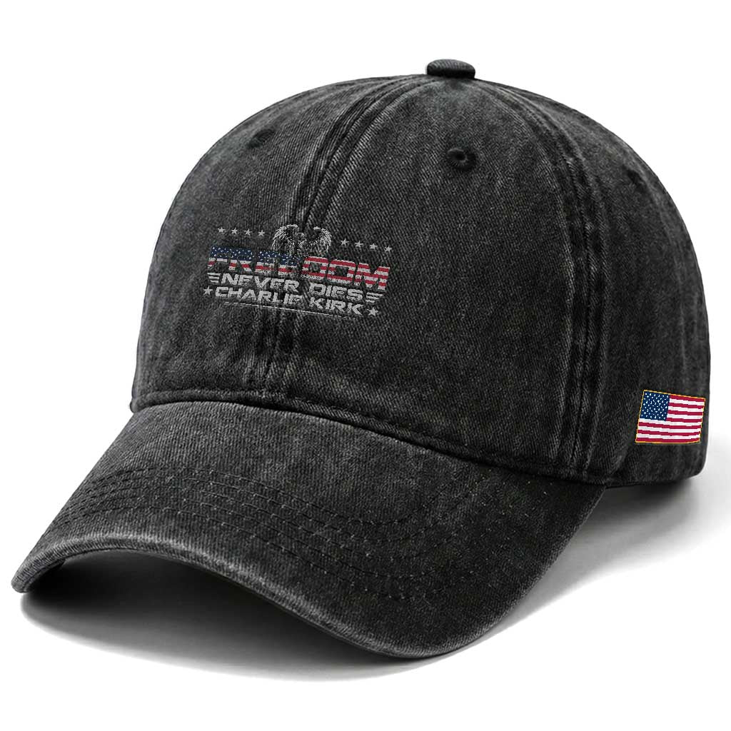 Freedom Never Dies Charlie Kirk Washed Cotton Baseball Cap Vintage American Flag TS11 Print Your Wear