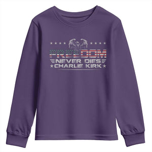 Freedom Never Dies Charlie Kirk Youth Sweatshirt Vintage American Flag TS11 Purple Print Your Wear