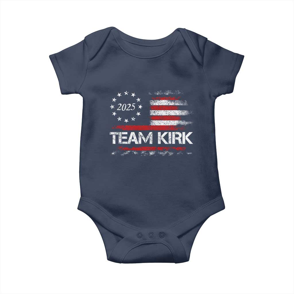 Team Kirk 2025 Baby Onesie Charlie Kirk Freedom Vintage American Flag TS11 Navy Print Your Wear