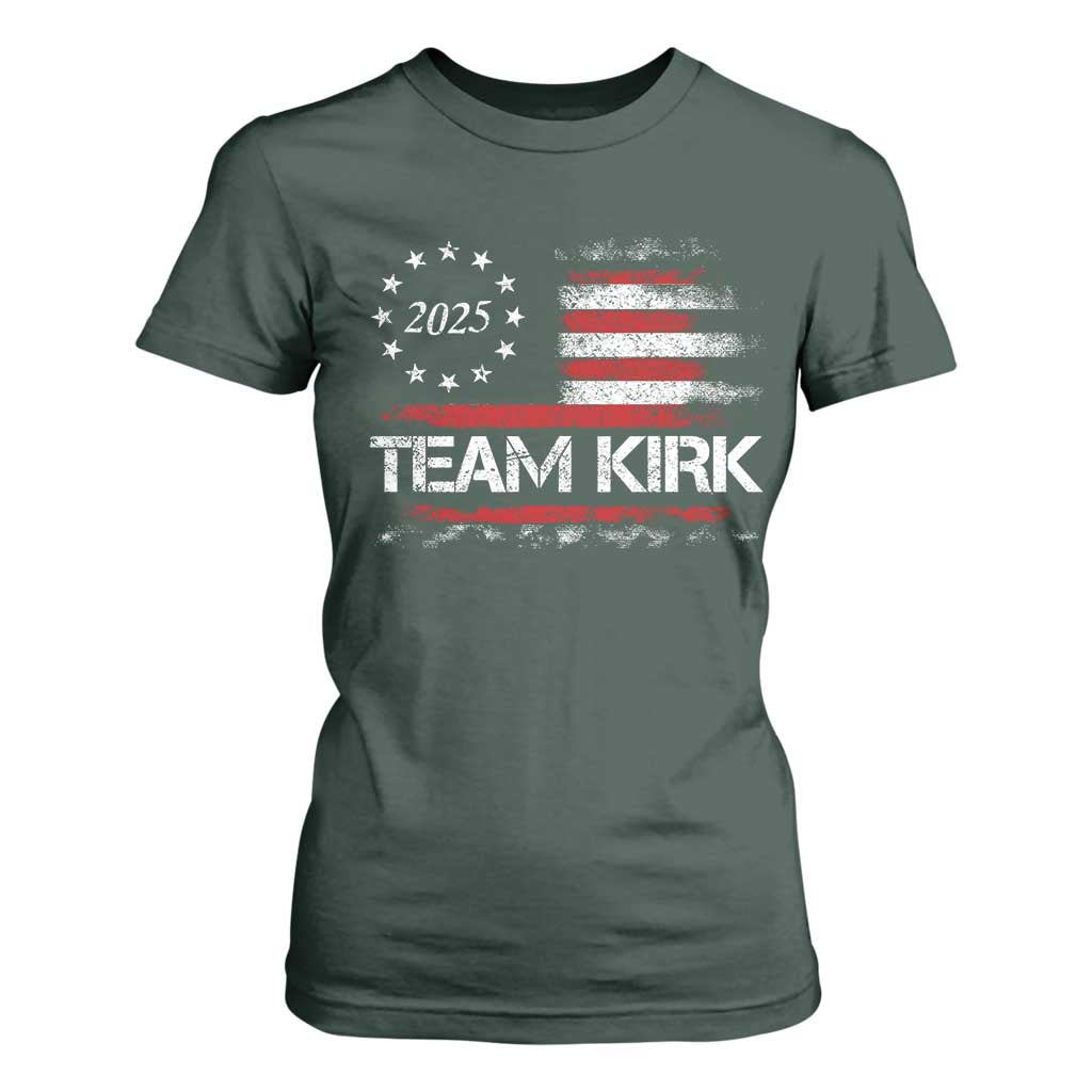 Team Kirk 2025 T Shirt For Women Charlie Kirk Freedom Vintage American Flag TS11 Dark Forest Green Print Your Wear