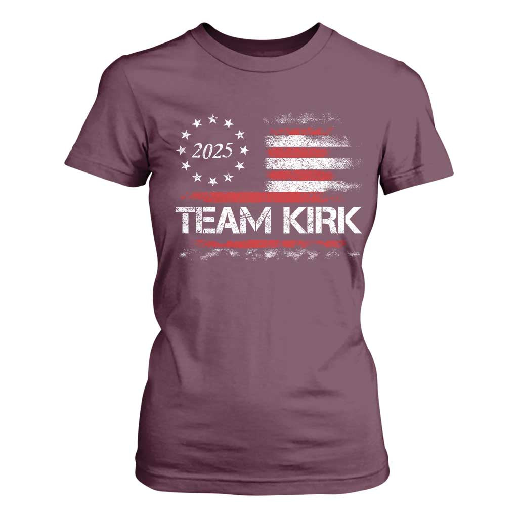 Team Kirk 2025 T Shirt For Women Charlie Kirk Freedom Vintage American Flag TS11 Maroon Print Your Wear