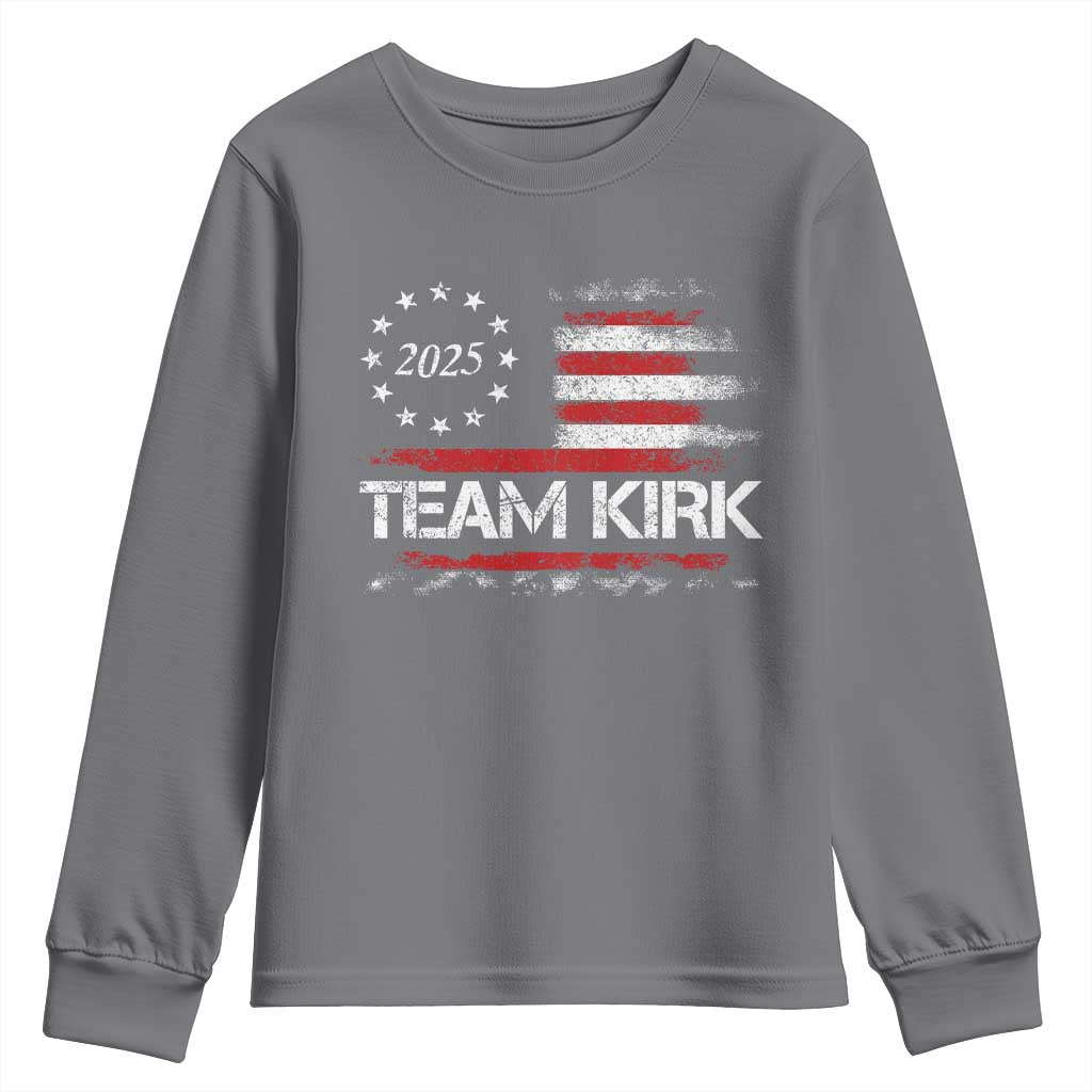 Team Kirk 2025 Youth Sweatshirt Charlie Kirk Freedom Vintage American Flag TS11 Charcoal Print Your Wear