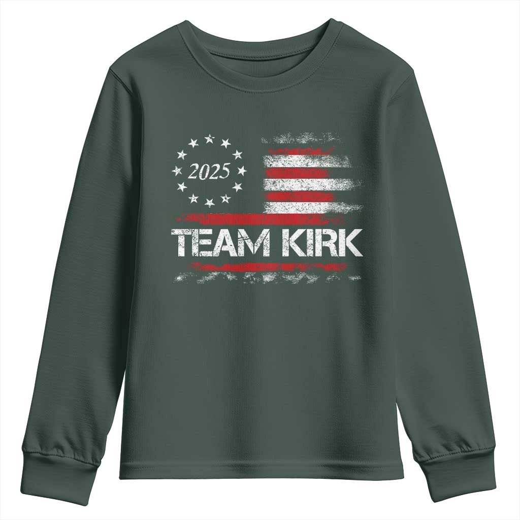 Team Kirk 2025 Youth Sweatshirt Charlie Kirk Freedom Vintage American Flag TS11 Dark Forest Green Print Your Wear