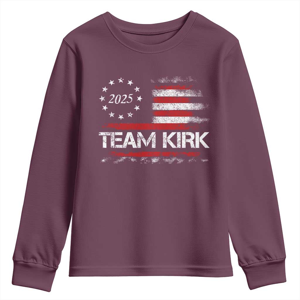 Team Kirk 2025 Youth Sweatshirt Charlie Kirk Freedom Vintage American Flag TS11 Maroon Print Your Wear