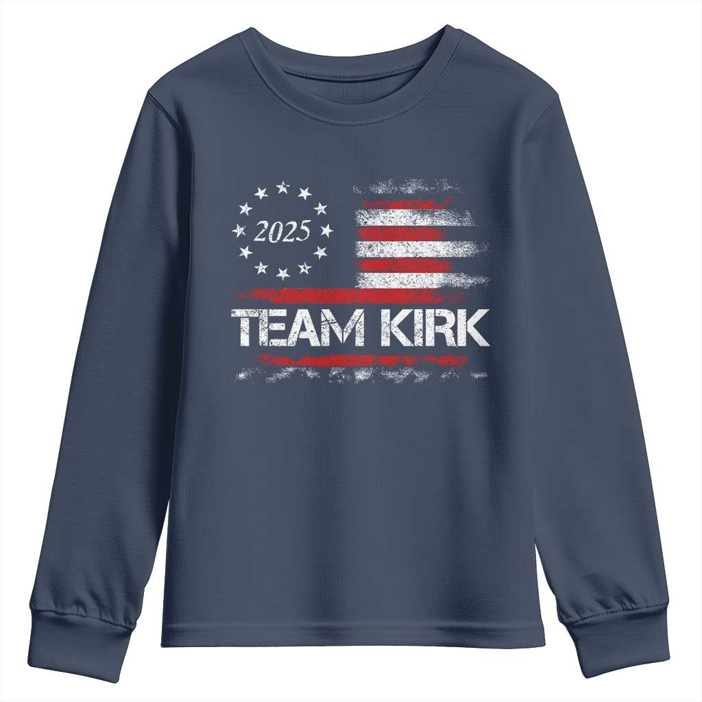 Team Kirk 2025 Youth Sweatshirt Charlie Kirk Freedom Vintage American Flag TS11 Navy Print Your Wear