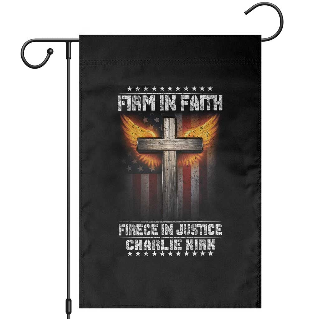 Firm In Faith Fierce In Justice Charlie Kirk Garden Flag Christian Cross American Flag TS11 Black Print Your Wear