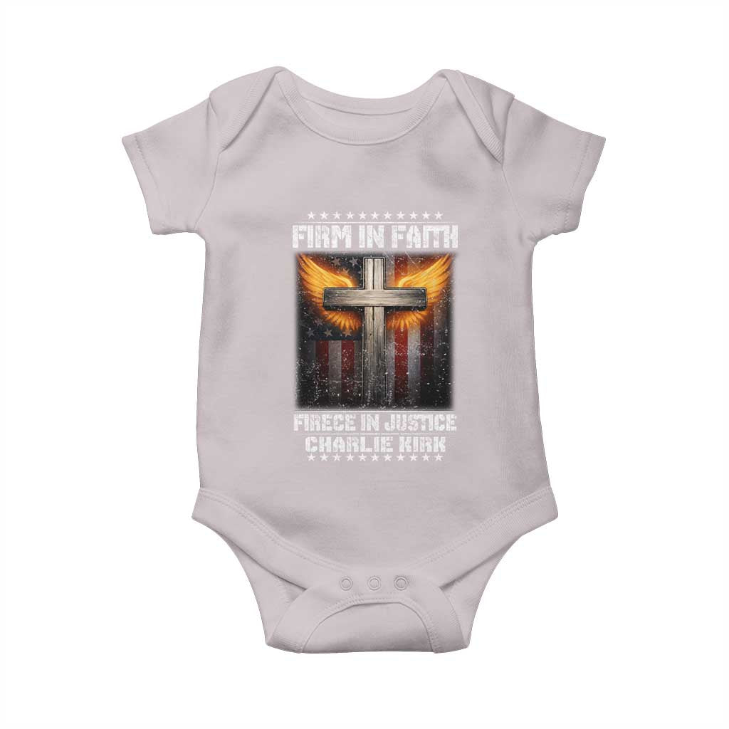 Firm In Faith Fierce In Justice Charlie Kirk Baby Onesie Christian Cross American Flag TS11 Ice Gray Print Your Wear