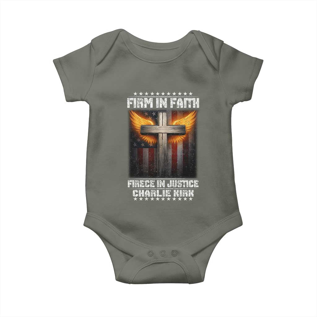 Firm In Faith Fierce In Justice Charlie Kirk Baby Onesie Christian Cross American Flag TS11 Military Green Print Your Wear