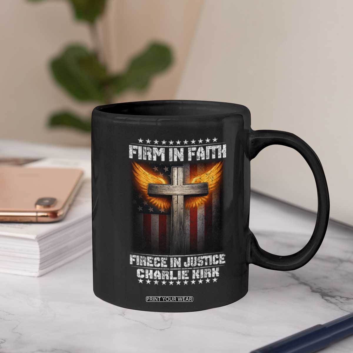 Firm In Faith Fierce In Justice Charlie Kirk Coffee Mug Christian Cross American Flag TS11 Print Your Wear