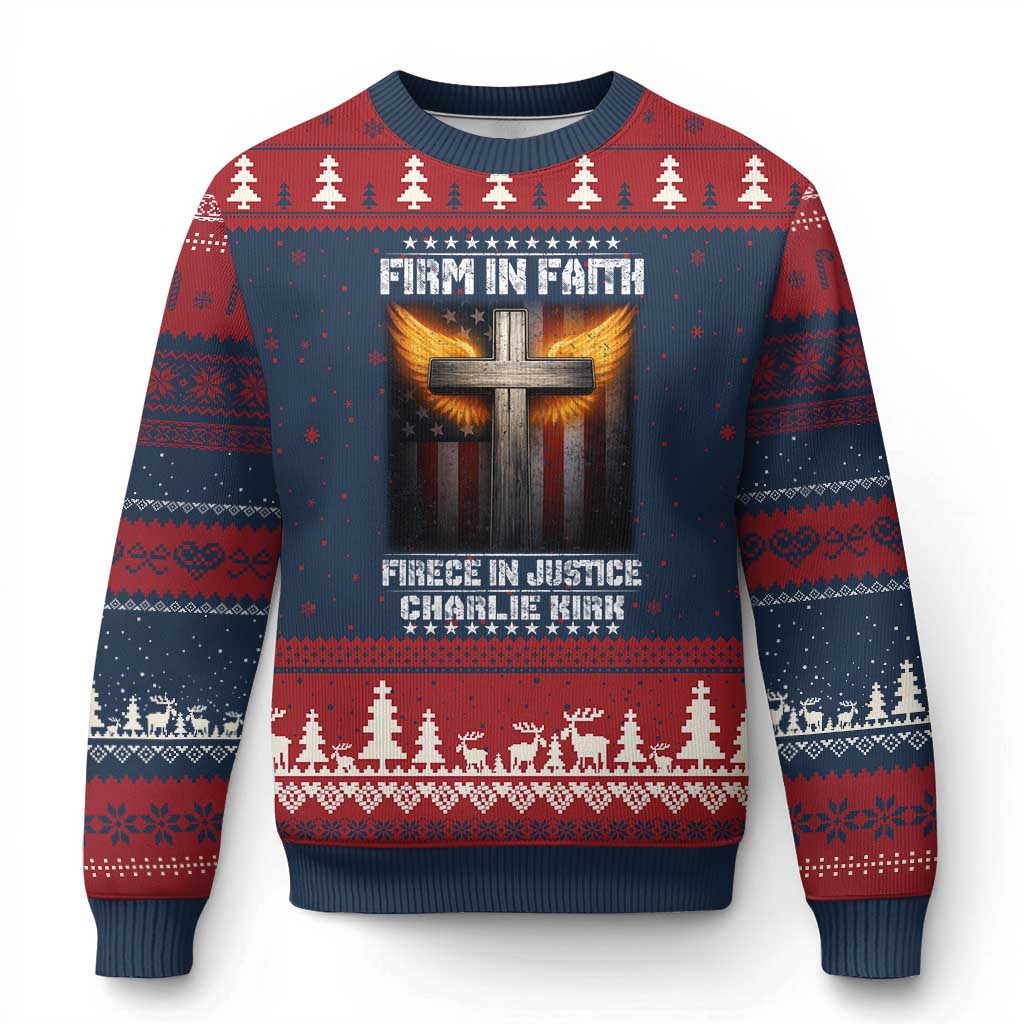 Firm In Faith Fierce In Justice Charlie Kirk Ugly Christmas Sweater Christian Cross American Flag TS11 Navy Red Print Your Wear