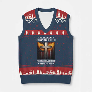 Firm In Faith Fierce In Justice Charlie Kirk V-Neck Knit Sweater Vest Christian Cross American Flag TS11 Navy Red Print Your Wear