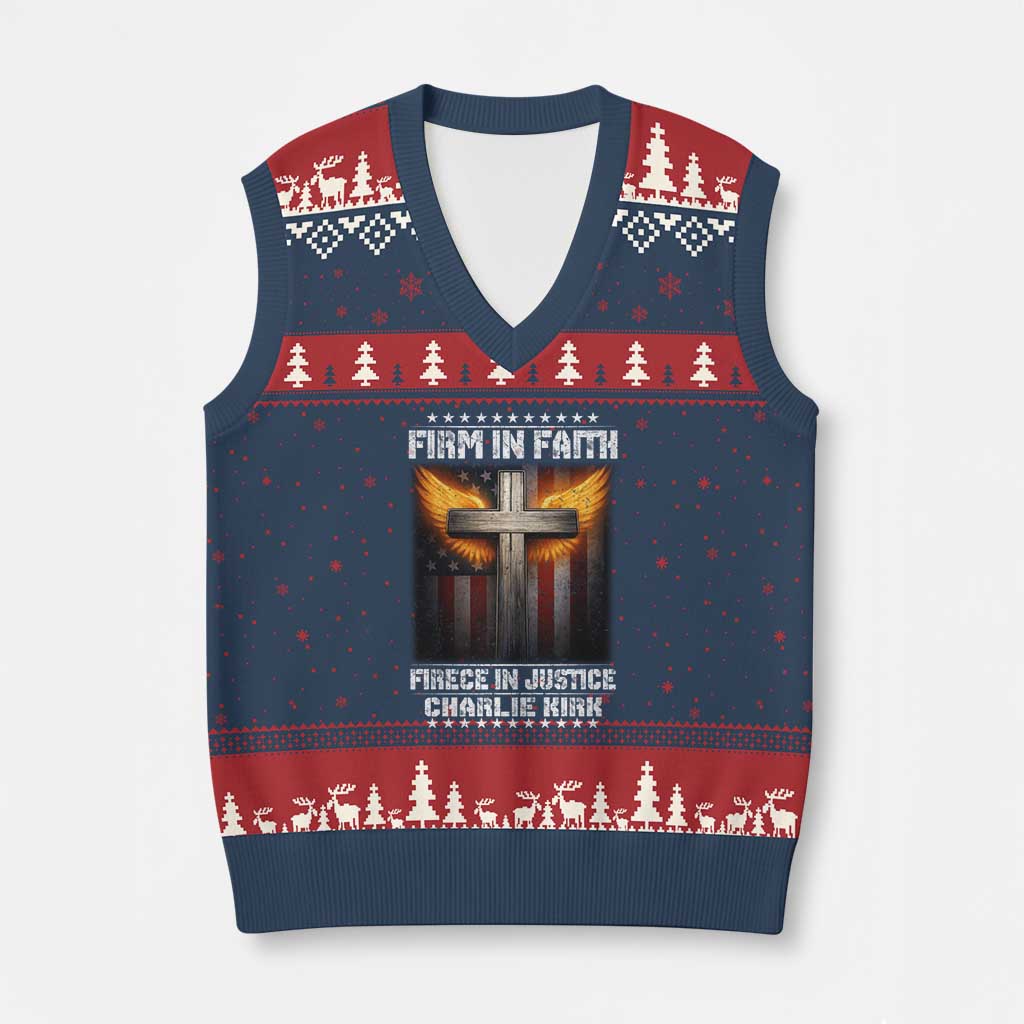Firm In Faith Fierce In Justice Charlie Kirk V-Neck Knit Sweater Vest Christian Cross American Flag TS11 Navy Red Print Your Wear