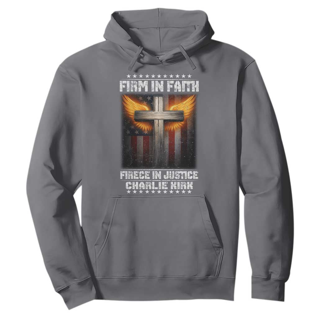 Firm In Faith Fierce In Justice Charlie Kirk Hoodie Christian Cross American Flag TS11 Charcoal Print Your Wear