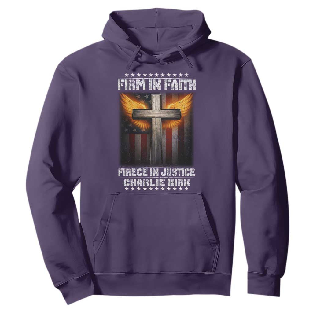 Firm In Faith Fierce In Justice Charlie Kirk Hoodie Christian Cross American Flag TS11 Purple Print Your Wear
