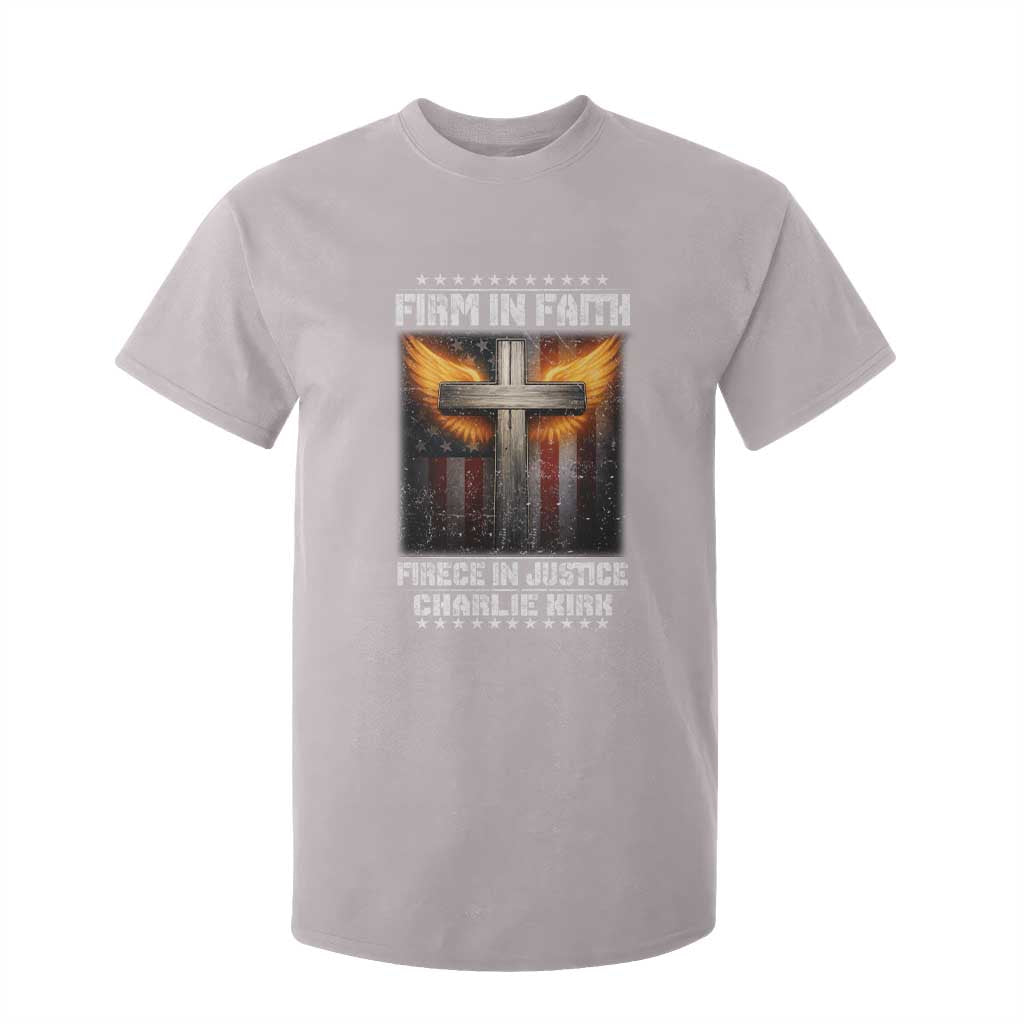 Firm In Faith Fierce In Justice Charlie Kirk T Shirt For Kid Christian Cross American Flag TS11 Ice Gray Print Your Wear