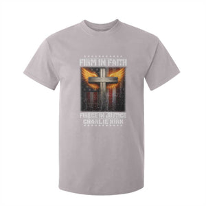 Firm In Faith Fierce In Justice Charlie Kirk T Shirt For Kid Christian Cross American Flag TS11 Ice Gray Print Your Wear