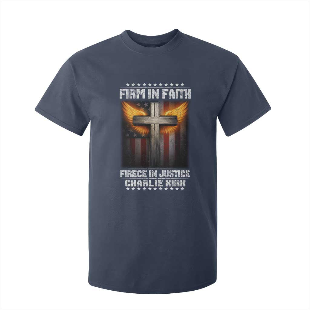 Firm In Faith Fierce In Justice Charlie Kirk T Shirt For Kid Christian Cross American Flag TS11 Navy Print Your Wear