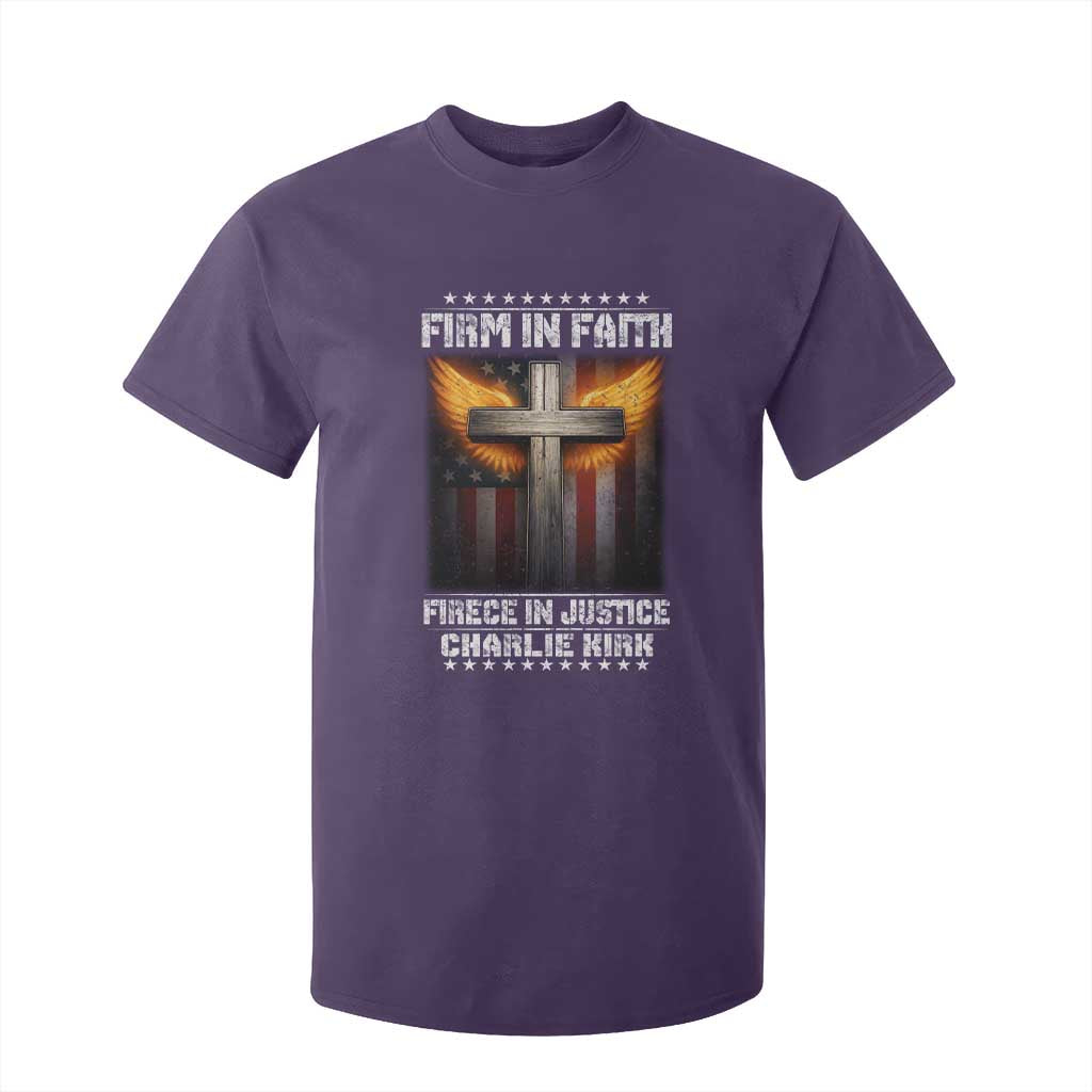 Firm In Faith Fierce In Justice Charlie Kirk T Shirt For Kid Christian Cross American Flag TS11 Purple Print Your Wear