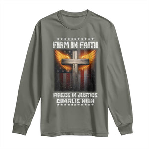 Firm In Faith Fierce In Justice Charlie Kirk Long Sleeve Shirt Christian Cross American Flag TS11 Military Green Print Your Wear