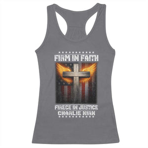 Firm In Faith Fierce In Justice Charlie Kirk Racerback Tank Top Christian Cross American Flag TS11 Charcoal Print Your Wear